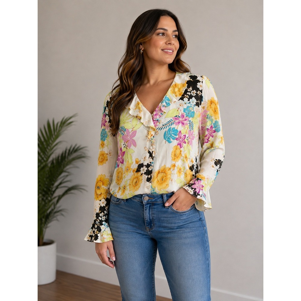 GUESS Women's Floral Blouse XL Button Front Ruffle Sleeve V Neck Boho